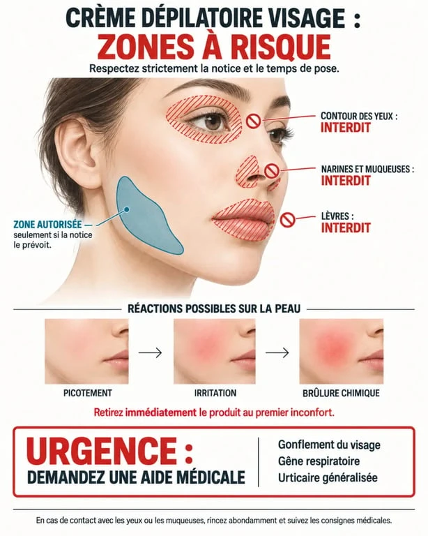 Infographie sur le danger de la crème dépilatoire visage et les signes d’alerte