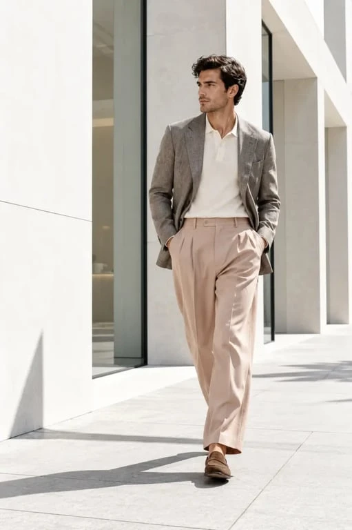 Tendance mode homme 2026 avec blazer souple, pantalon ample et polo en maille