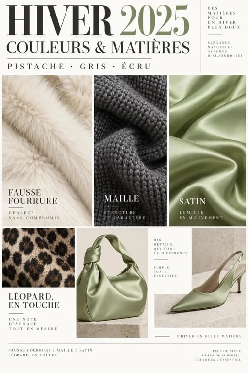 Couleurs et matières de la tendance mode hiver 2025 avec vert pistache, léopard et fausse fourrure