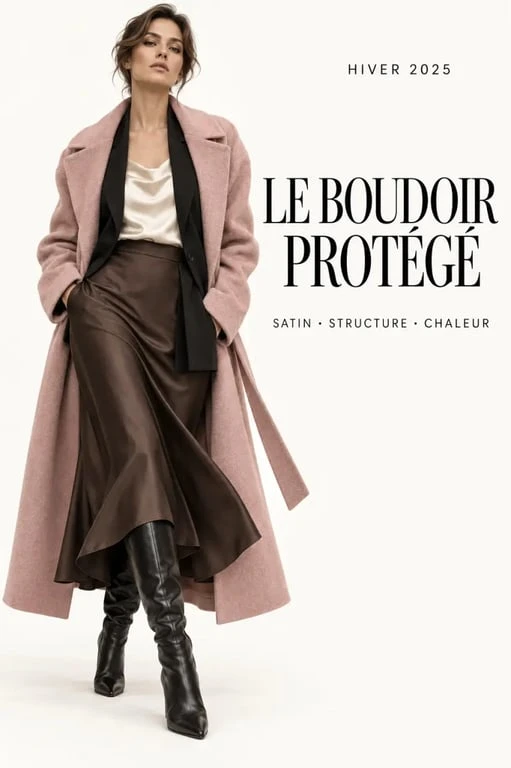 Superposition lingerie chic et manteau structuré dans la tendance mode hiver 2025