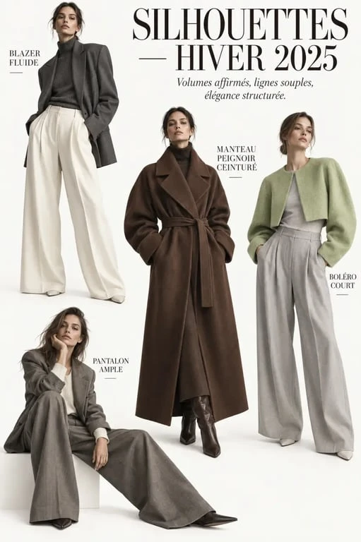 Silhouettes de la tendance mode hiver 2025 avec tailoring fluide, boléro et manteau peignoir