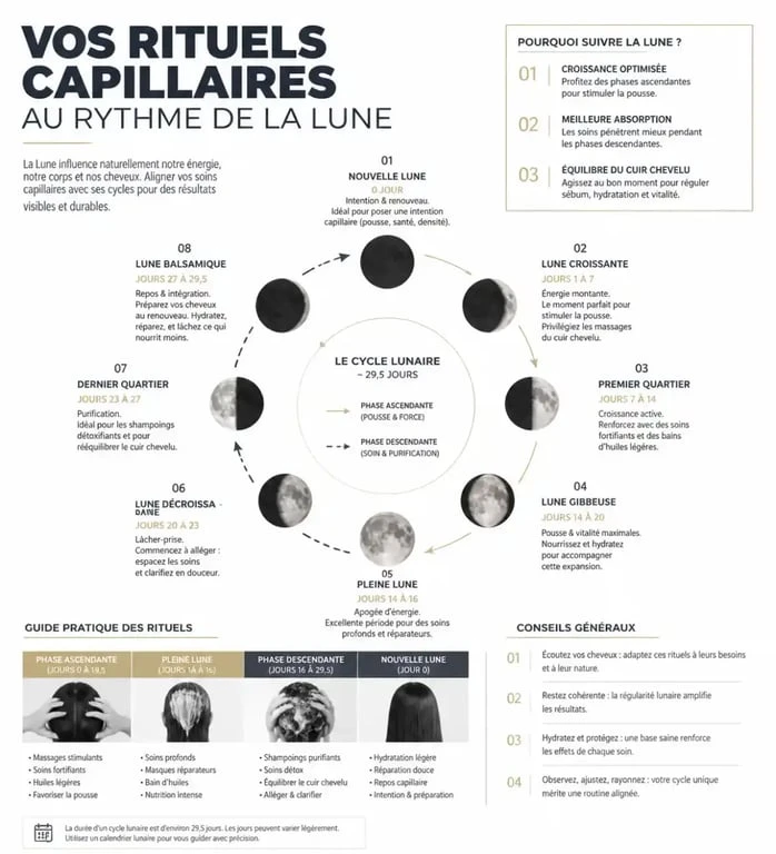 Schéma récapitulatif des soins capillaires selon le calendrier lunaire pour les cheveux : soins nourrissants et détox.