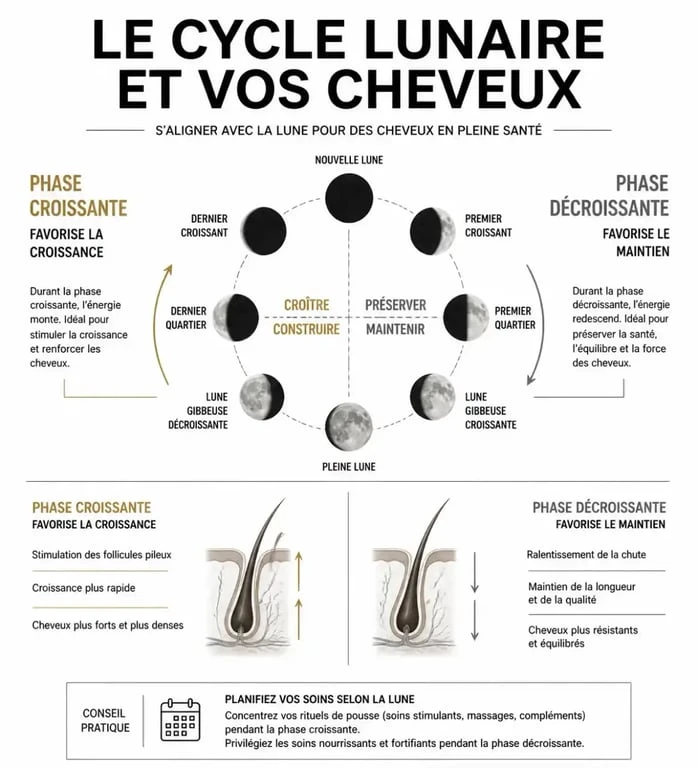 Infographie des phases du calendrier lunaire pour les cheveux : lune croissante pour la pousse et lune décroissante pour l'entretien.