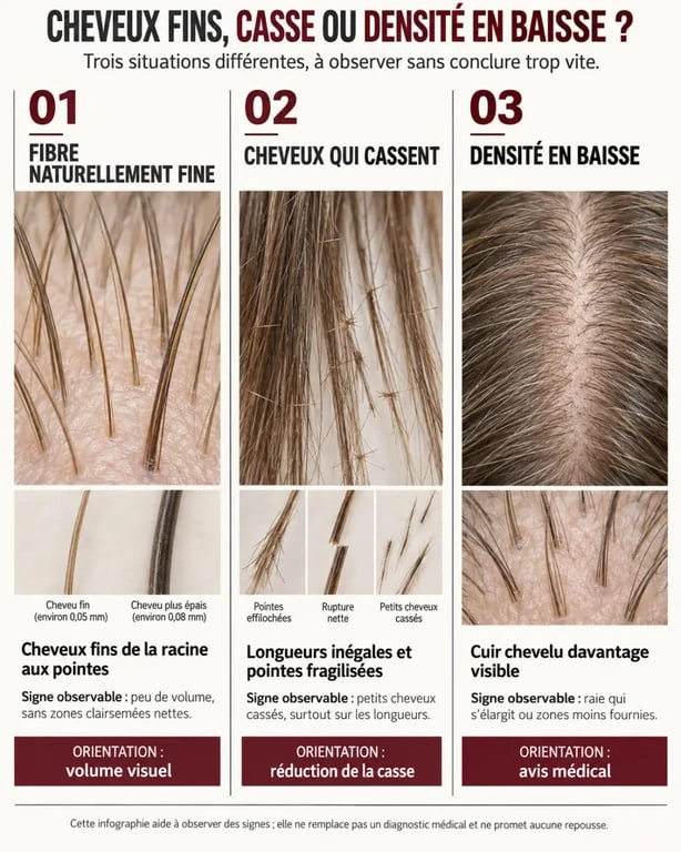 Infographie pour épaissir les cheveux : distinguer cheveux fins, casse et baisse de densité