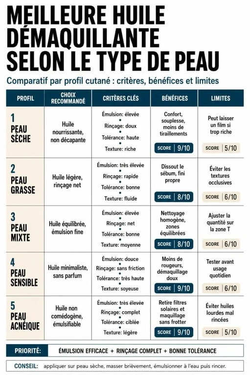 Meilleur huile demaquillante : comparatif visuel selon le type de peau et les critères de choix