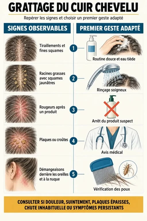 Infographie sur le grattage du cuir chevelu : signes observables, gestes apaisants et situations nécessitant un avis médical
