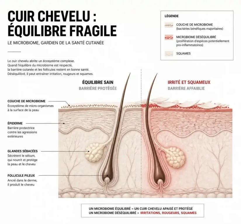 Schéma du cuir chevelu expliquant les causes des démangeaisons pour choisir un shampooing anti demangeaison adapté
