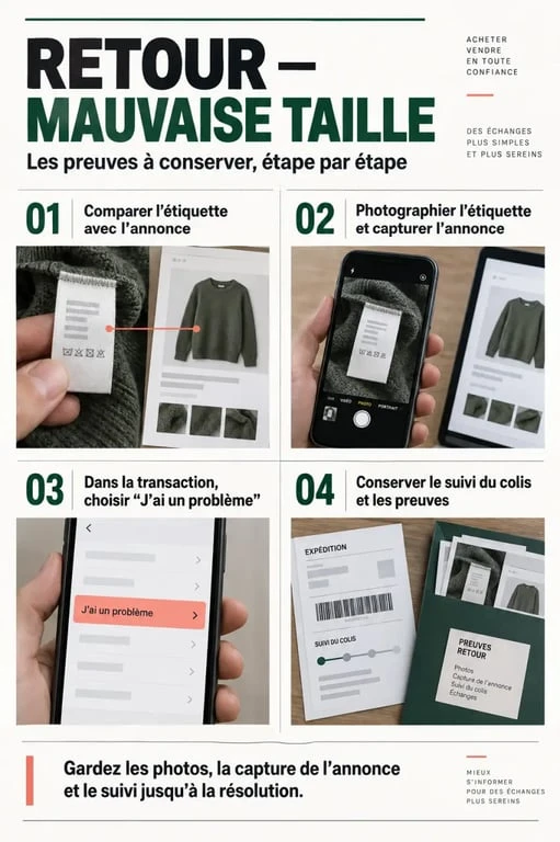 Étapes d’un retour Vinted pour mauvaise taille avec preuves et signalement du problème
