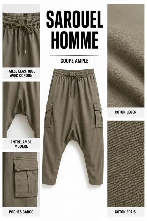 Détails de sarouel homme avec taille élastique, cordon, poches et matières en coton