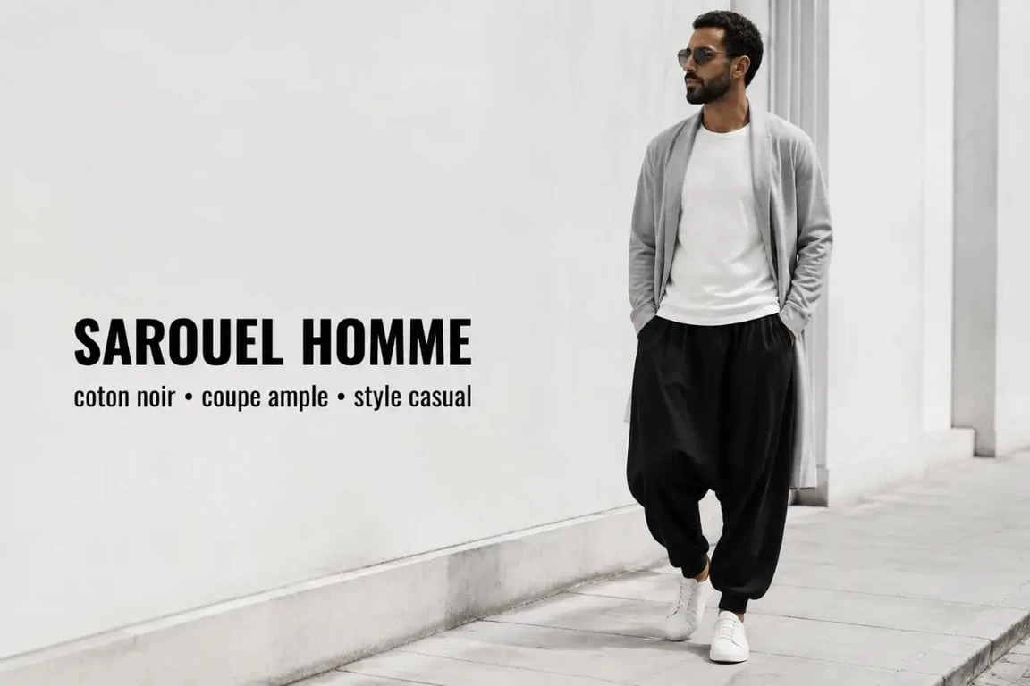 Sarouel homme porté dans une tenue urbaine sobre avec t-shirt uni, baskets et veste légère