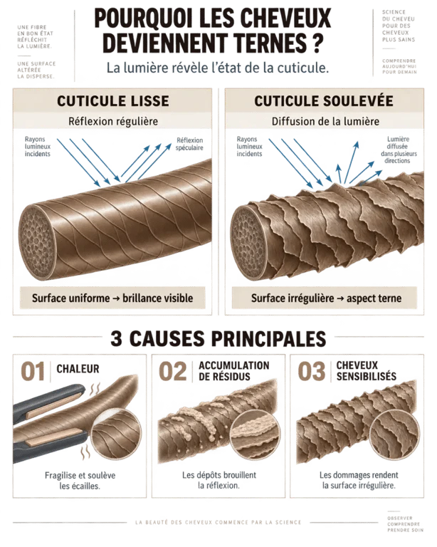 Infographie sur le soin cheveux ternes et la cuticule qui réfléchit la lumière