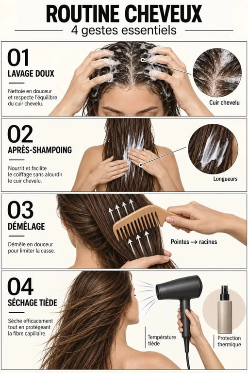 Routine illustrée pour savoir comment avoir de beaux cheveux