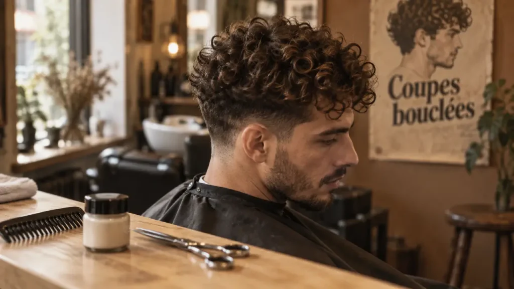 Frisé coupe de cheveux homme bouclé, cheveux texturés en salon