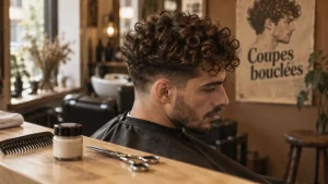 Frisé coupe de cheveux homme bouclé, cheveux texturés en salon