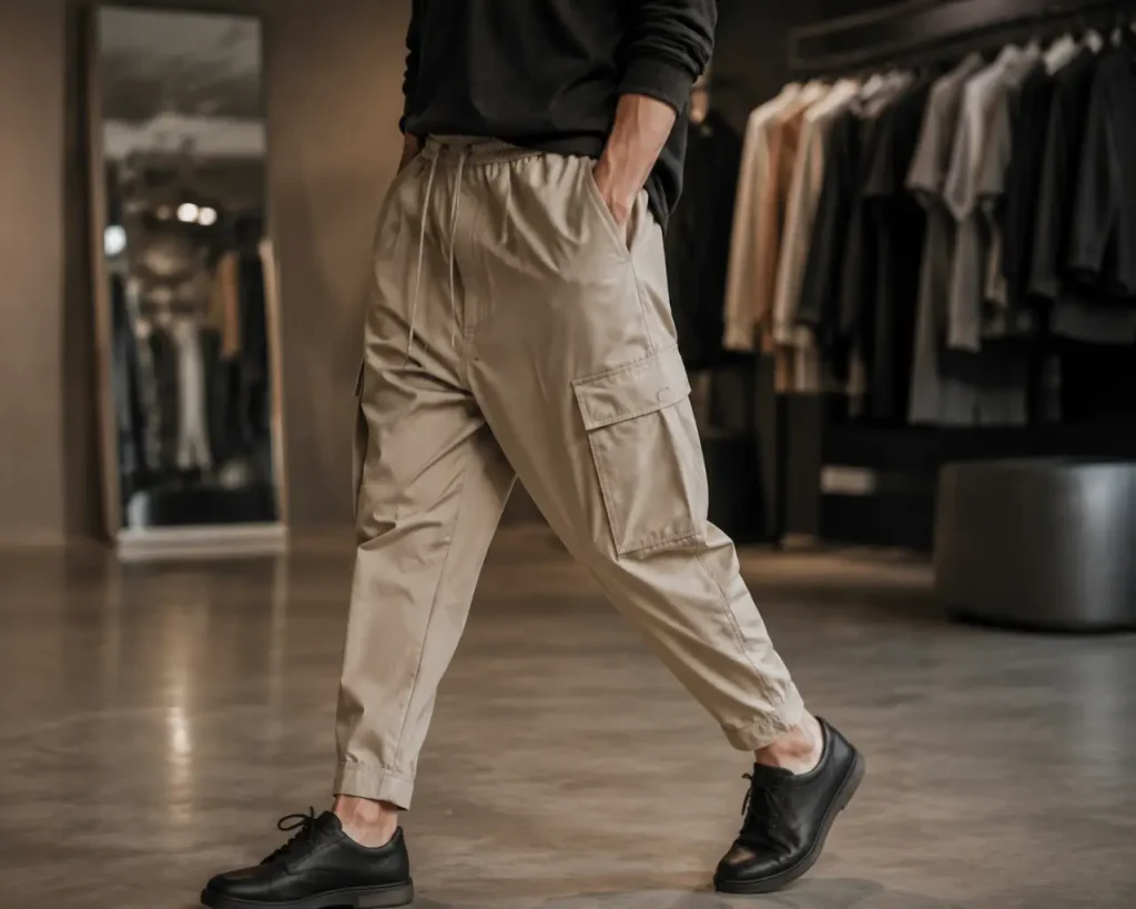 Sarouel homme en coton khaki, coupe et matière