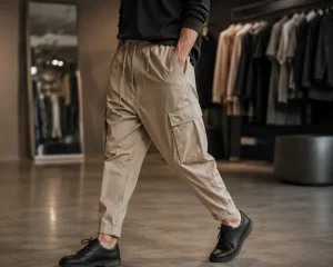 Sarouel homme en coton khaki, coupe et matière