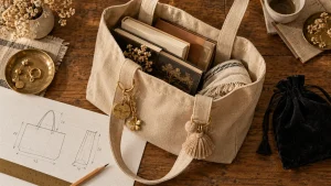 Bijoux de sac sur anse de cabas beige : breloque dorée et mini chaîne