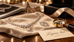 Bijoux luxe : collier et bague or blanc diamant sur velours