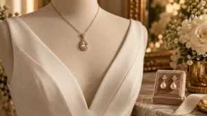 Bijoux mariage : collier or champagne sur robe de mariée ivoire