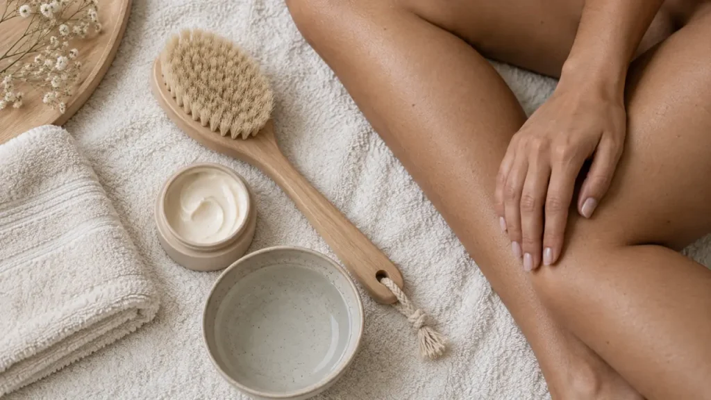Brossage à sec avant après : brosse sur peau douce, exfoliation légère
