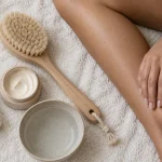 Brossage à sec avant après : brosse sur peau douce, exfoliation légère
