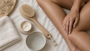 Brossage à sec avant après : brosse sur peau douce, exfoliation légère
