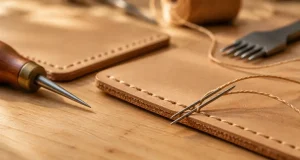 Couture cuir au point sellier : trous réguliers et fil ciré sur cuir beige
