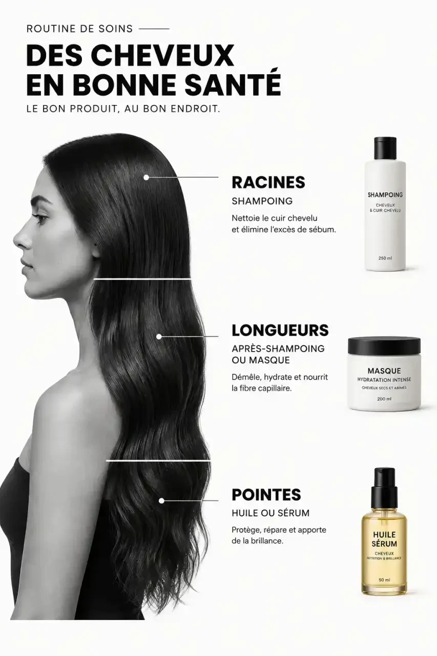 Schéma des zones d'application des soins pour les cheveux : racines, longueurs et pointes