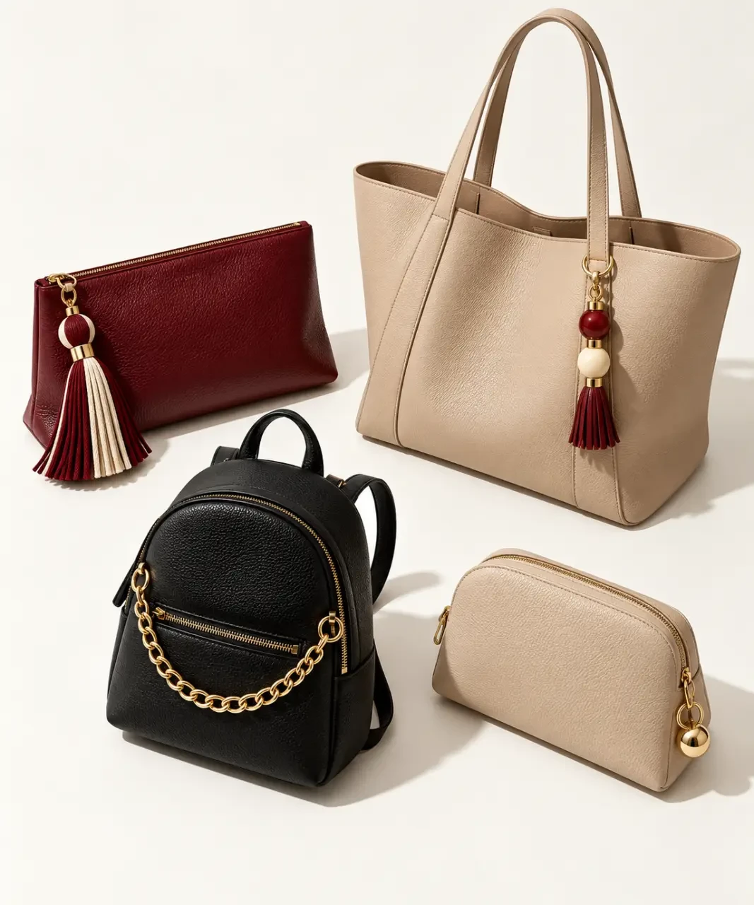 Bijoux de sac accrochés à une pochette, un cabas, un sac à dos et une trousse