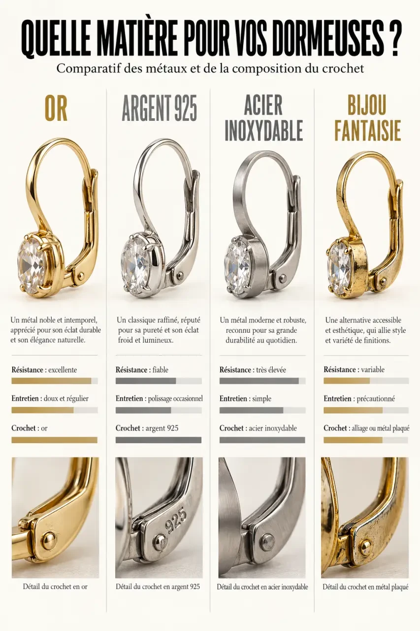 Comparaison des matières d’un bijou dormeuse en or, argent 925, acier inoxydable et fantaisie
