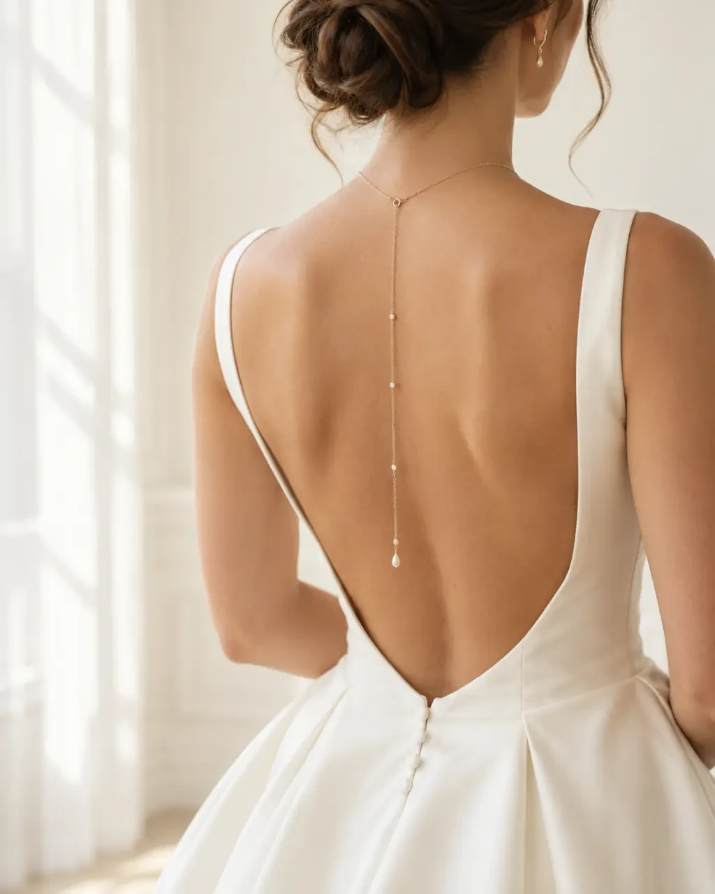 Bijoux mariage portés avec une robe dos nu et un collier de dos