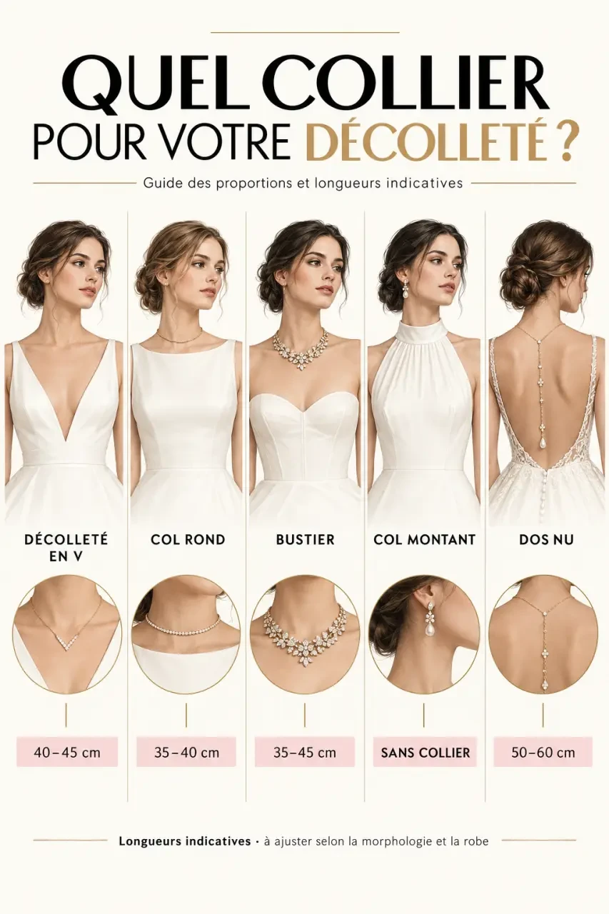 Bijoux mariage : guide visuel des colliers adaptés aux différents décolletés de robe