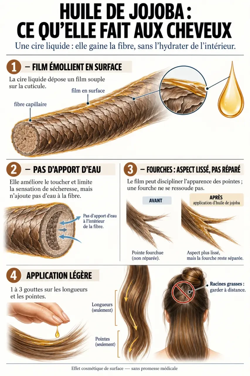 Infographie sur l'huile de jojoba pour les cheveux et son application sur les longueurs et les pointes