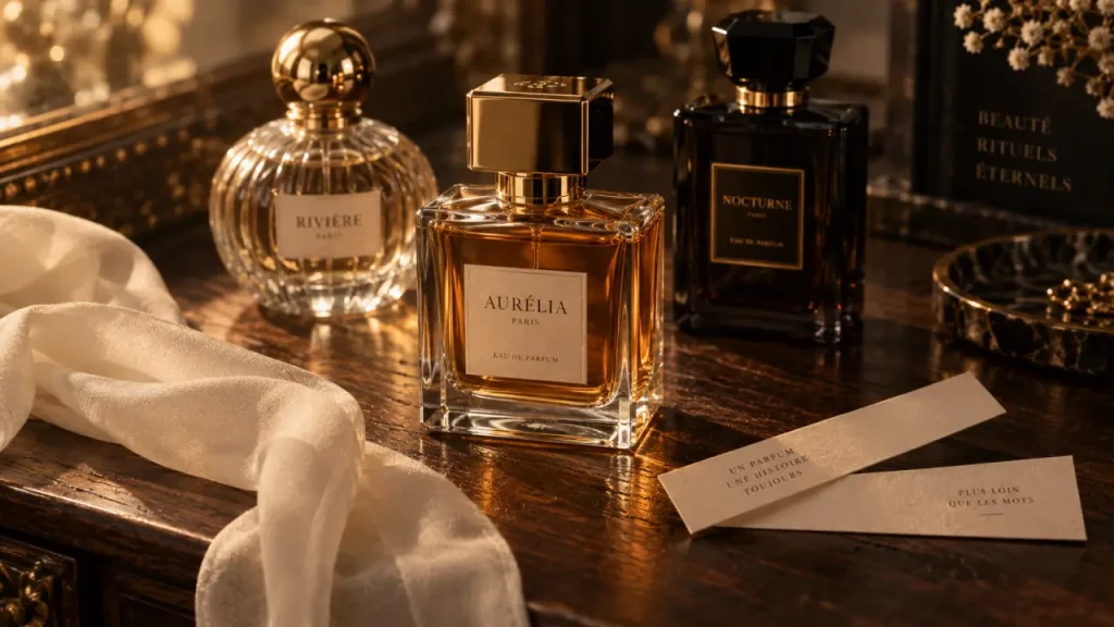 Les meilleurs parfums femmes : trois flacons de parfum sur une coiffeuse