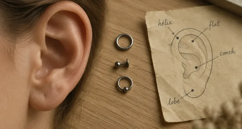 Piercing oreille femme nom : lobe, hélix, flat, conch