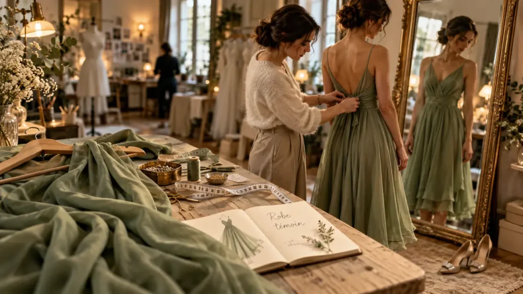 Robe de mariée temoin : robe témoin mariage verte fluide, élégante sur photos