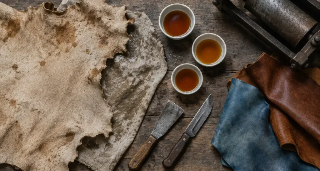 Tanner du cuir : peau brute et outils en atelier, cuves et solution ambrée