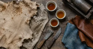 Tanner du cuir : peau brute et outils en atelier, cuves et solution ambrée